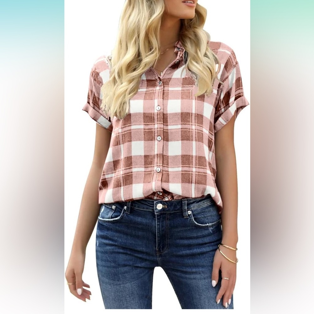 Women's Plaid Short Sleeve Button Down Shirt Casual Summer Blouses Tops Medium